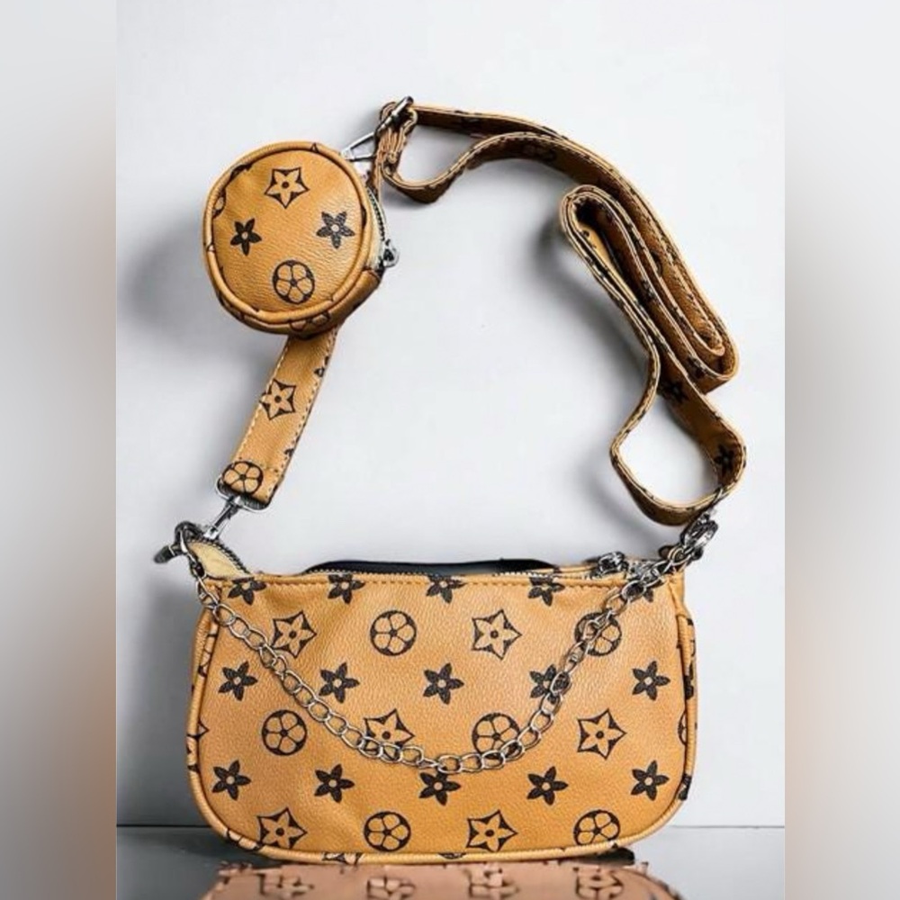 Star Printed Tan and Black Crossbody Bag Set